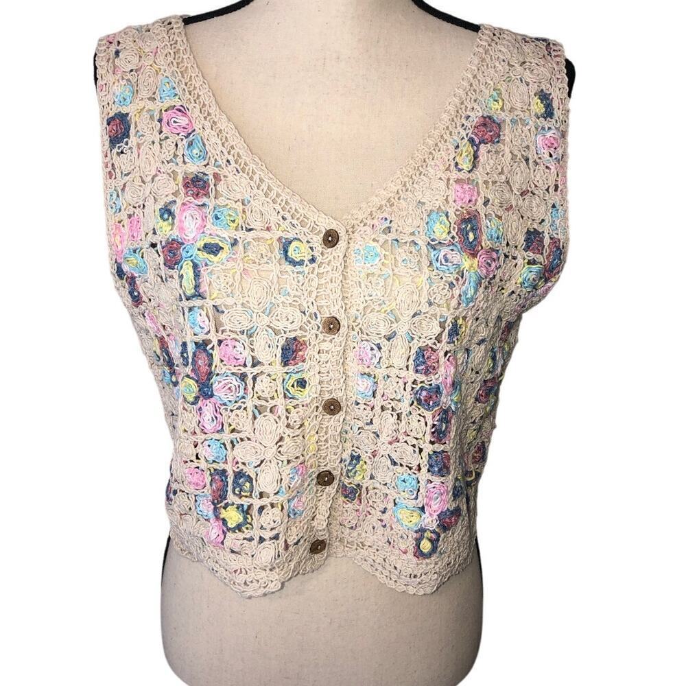 Crocheted Button Front Cottage Core Pastel Color Block Gilet Boho One Size Boho